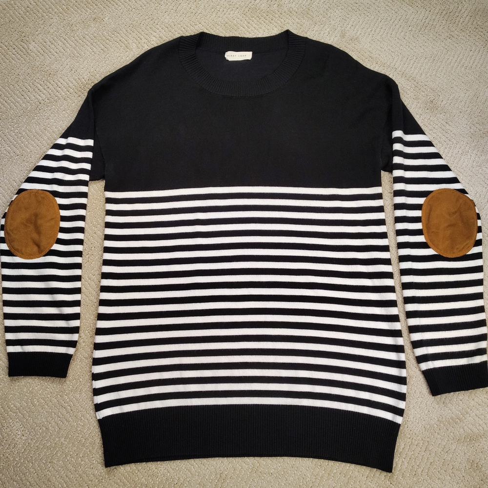 Classic Striped Crewneck Black And White Sweater with Elbow Patches Size 1X